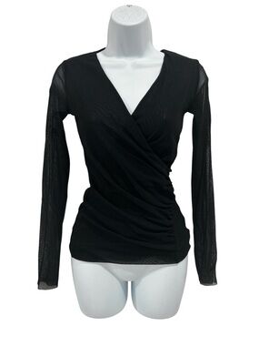 Fuzzi Black Micro-Mesh Surplice V-Neck Long Sleeve Top Made in Italy — M